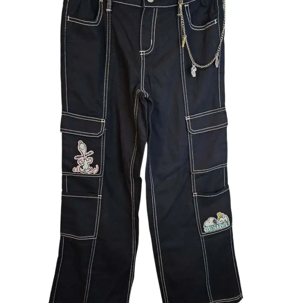 Justice Peanuts Snoopy Black Cargo Pants with Chain Size 12